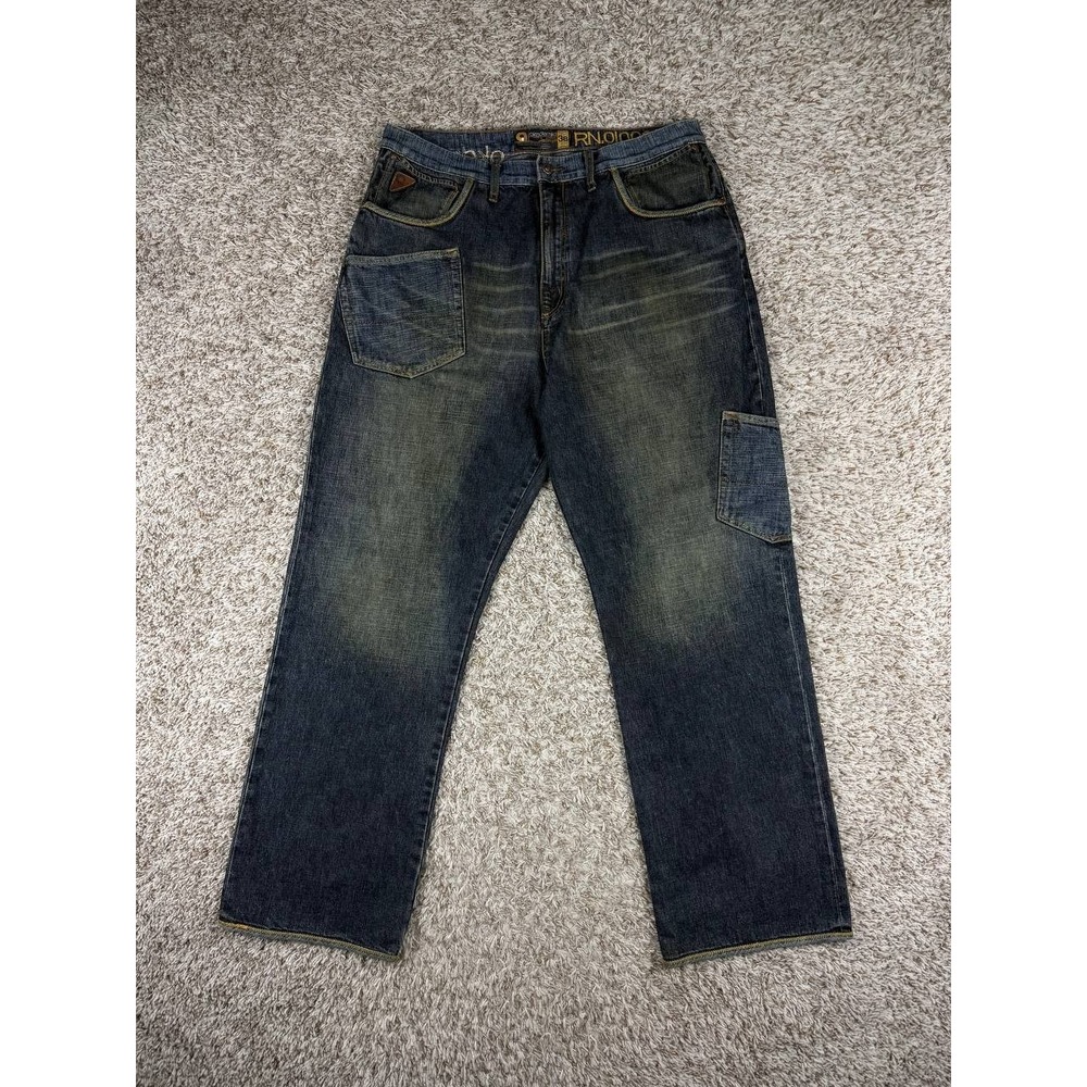 Akademiks Y2K Baggy Patch Cargo Jeans Dark Wash Hip Hop Denim Size 38x32